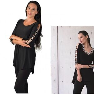 Joseph Ribkoff black 3/4 crossover woven sleeve tunic handkerchief blouse top 6